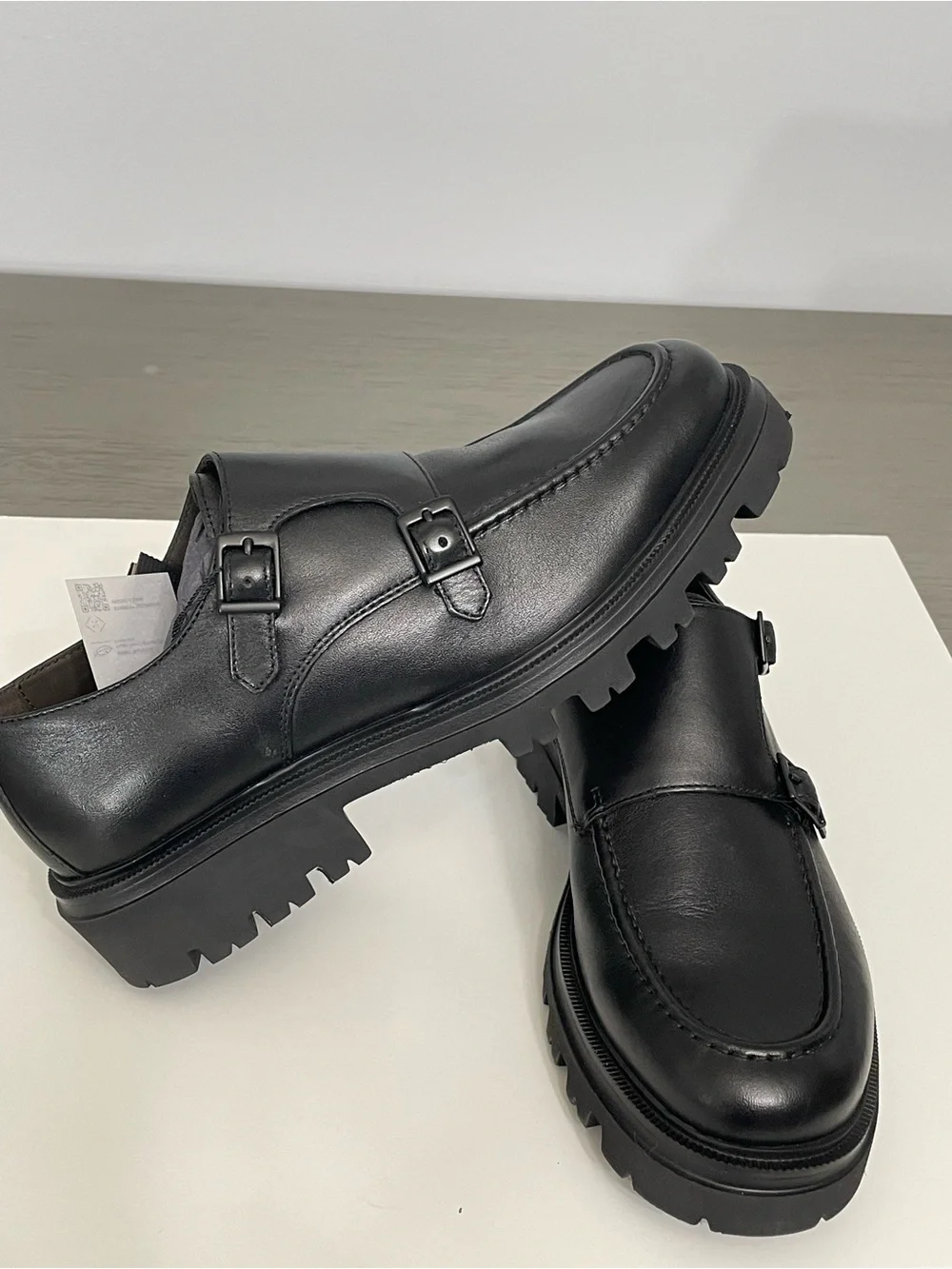 Massimo Dutti Men’s Black Leather Double Monk Strap Shoes Size 8